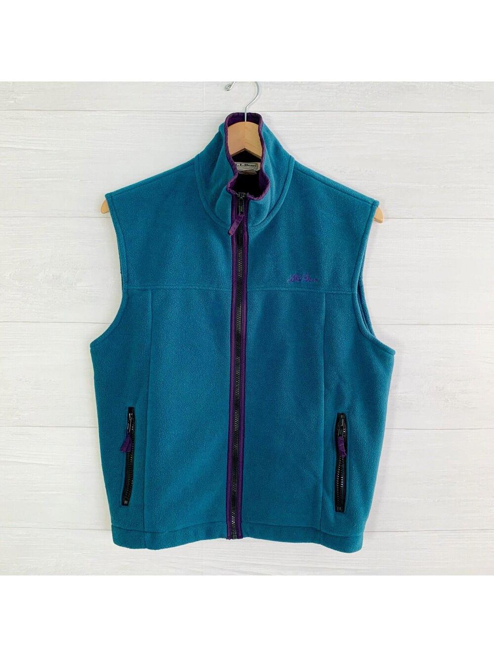 Vintage L.L.Bean Teal Purple Fleece Vest M Full Zip Zip Pockets 90s